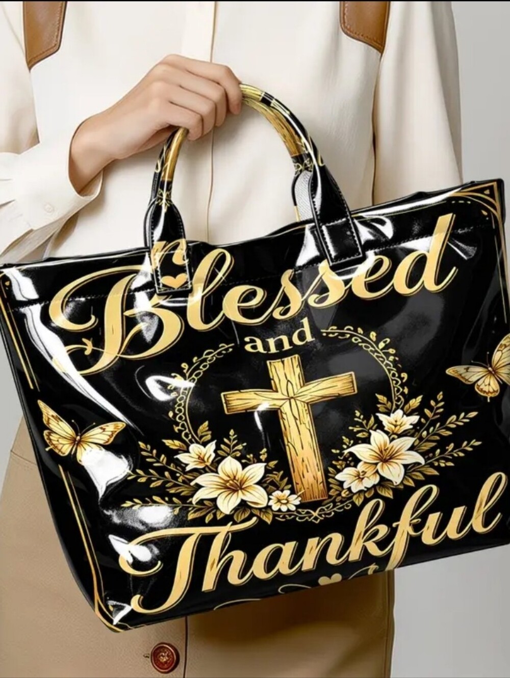 Christian Inspiration Blessed Thankful Large PVC Daily Commute Tote Bag - Picture 4 of 5